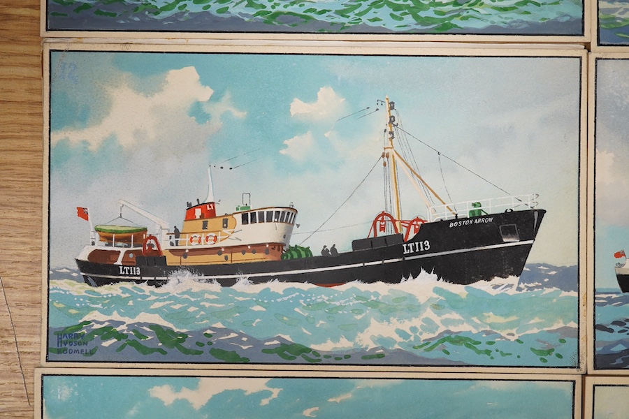 Harry Hudson Rodmell (1896-1984), six original gouaches on card for postcard designs, Merchant Shipping scenes to include MV Container Enterprise, MT Boston Arrow and MV Caxton, one signed, 12 x 20cm, unframed. Condition